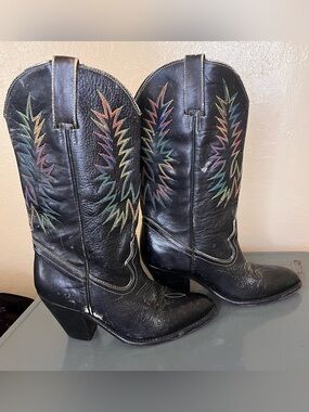 Kane black heeled cowboy boots rainbow stitching women’s size 7